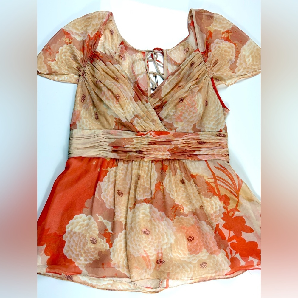 Tracy Reese 100% Silk Nectar Chrysanthemum Flowy Keyhole Back Blouse, Sz 12 - Picture 12 of 15